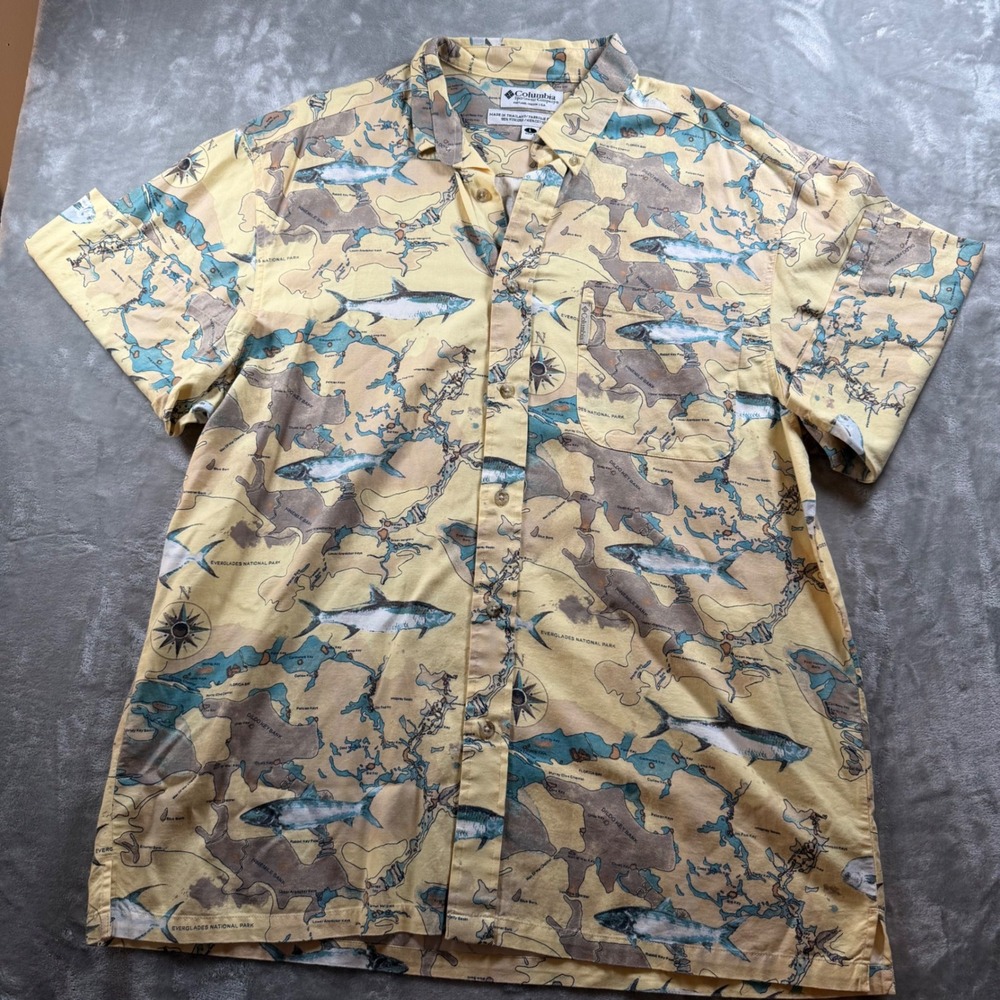 Vintage 90s Columbia Mens L Everglades Florida Keys Tarpon Fish Map Shirt